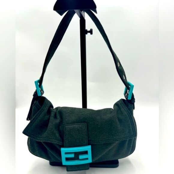 Auth Dark Fendi Green Jersey Fabric Baguette Shoulder Bag Preloved Purse - Picture 7 of 12